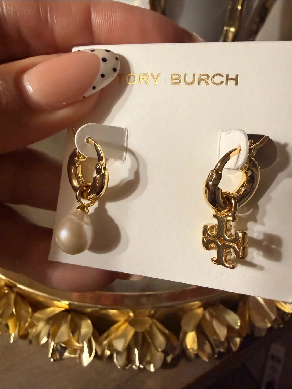 Tory Burch Gold Hoop Earrings with Pearl Drop and Logo Charm